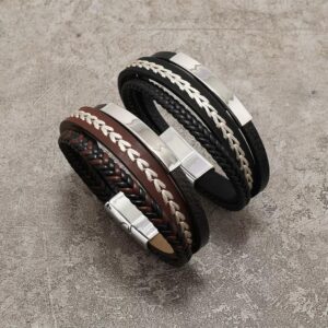 (Two Pieces) Black and Brown Premium Leather Bracelets